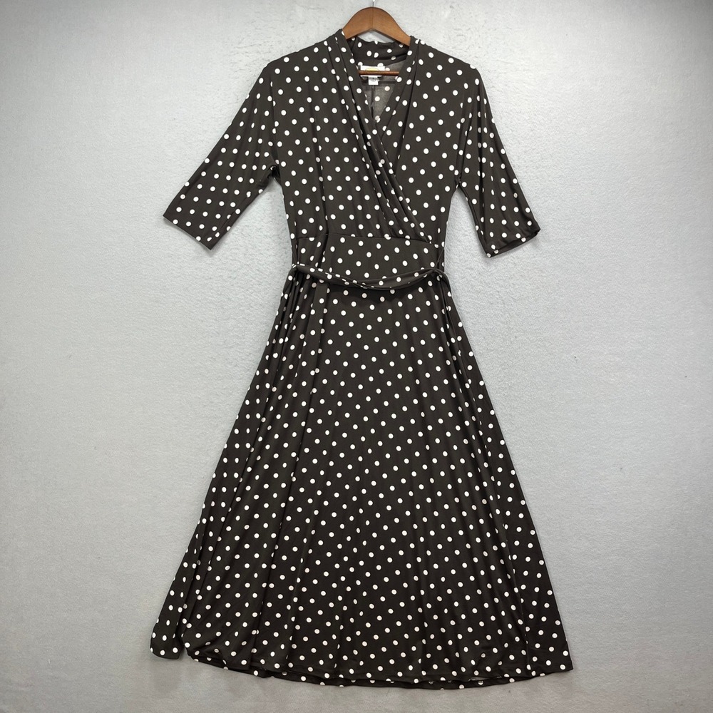 Talbots Polka Dot Dress Women 8 Brown Wrap Maxi A Line Stretch Retro Mod Classic